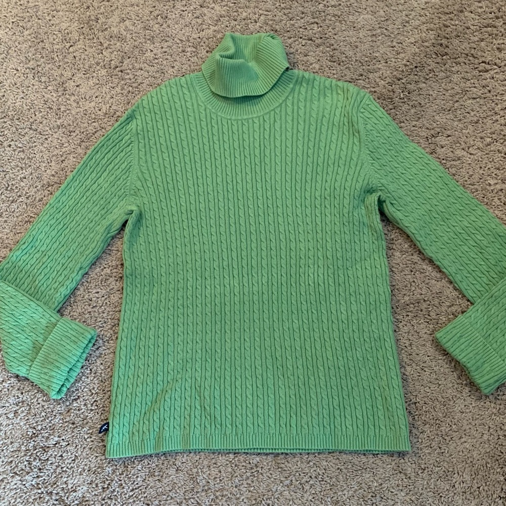 Anne Klein Sport Green Cable Knit Turtleneck Sweater Large